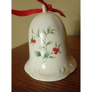 Pfaltzgraff Vintage 1992 Christmas Bell Ornament Holly Miseltoe White